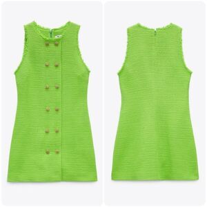 Zara Sleeveless Tweed Shift Dress w/ Gold Buttons in Lime Green | Medium